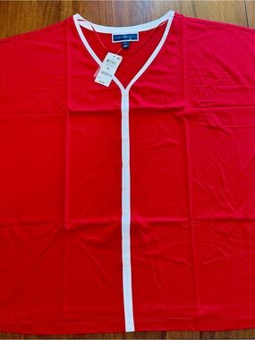 Karen Scott Red V-Neck Button Top with White Trim